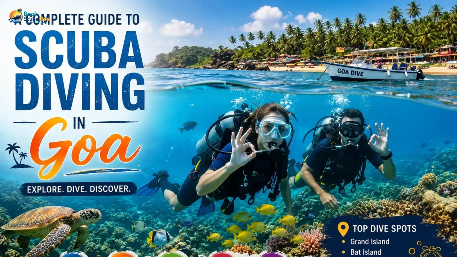 One instructor and one guest preparing fins on a boat deck at a Goa dive area; faces crisp