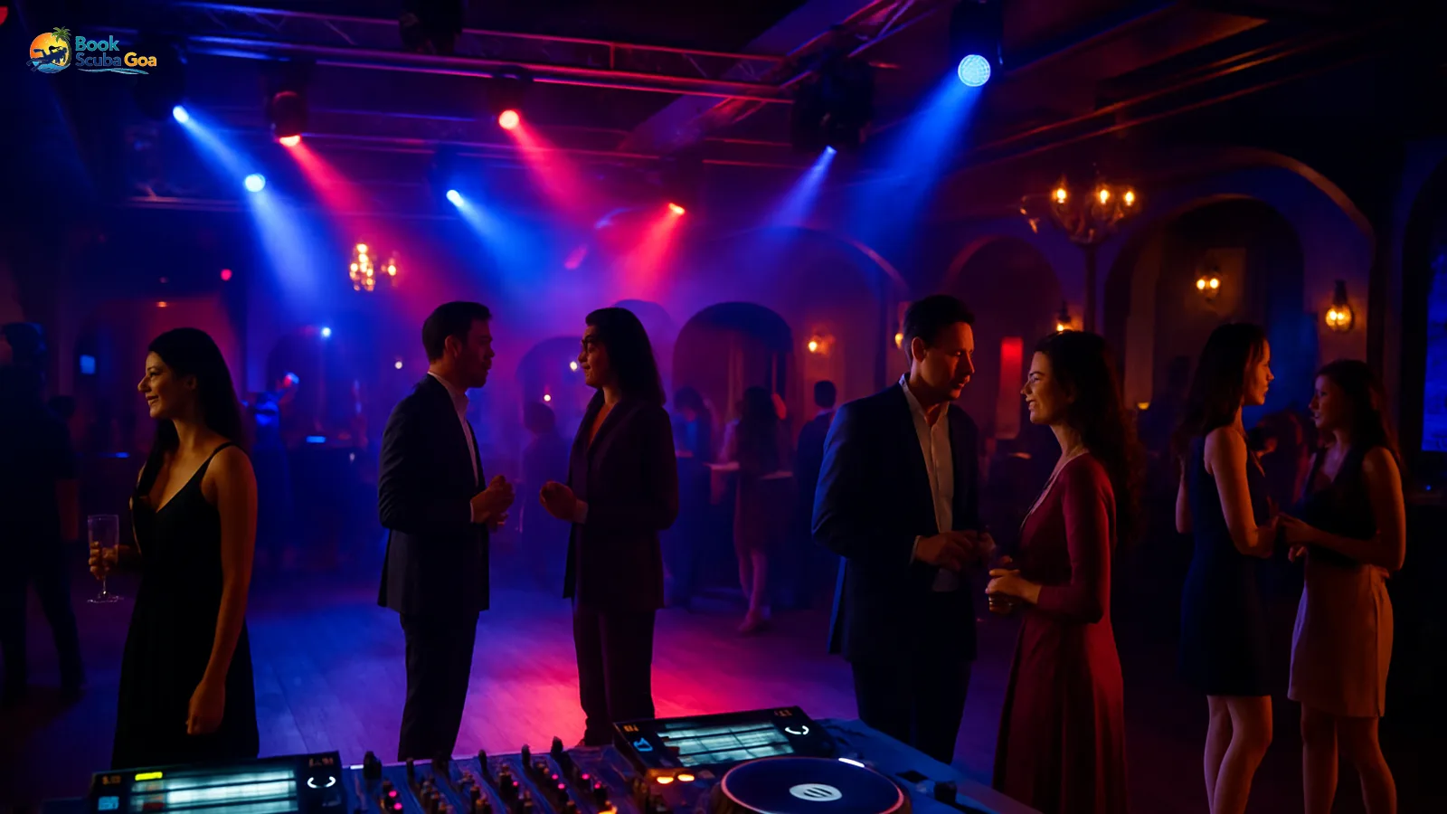 Elegant Goa nightclub interior with DJ console, dance floor and premium lighting