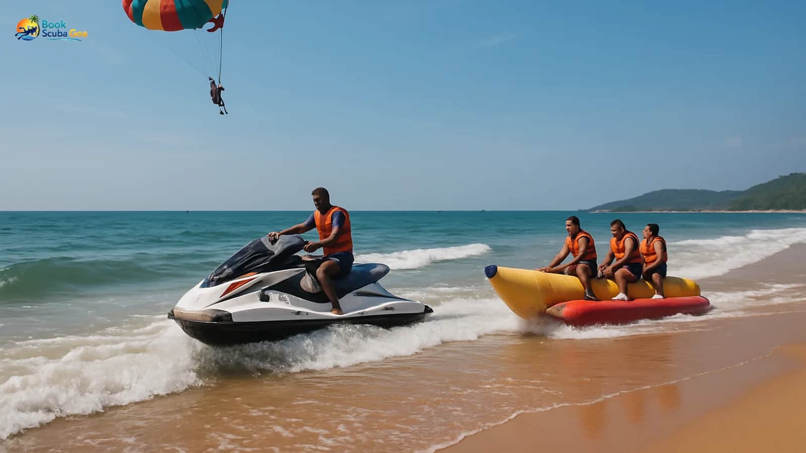 Dynamic Goa beach scene with balanced parasailing, jet ski and banana boat activity