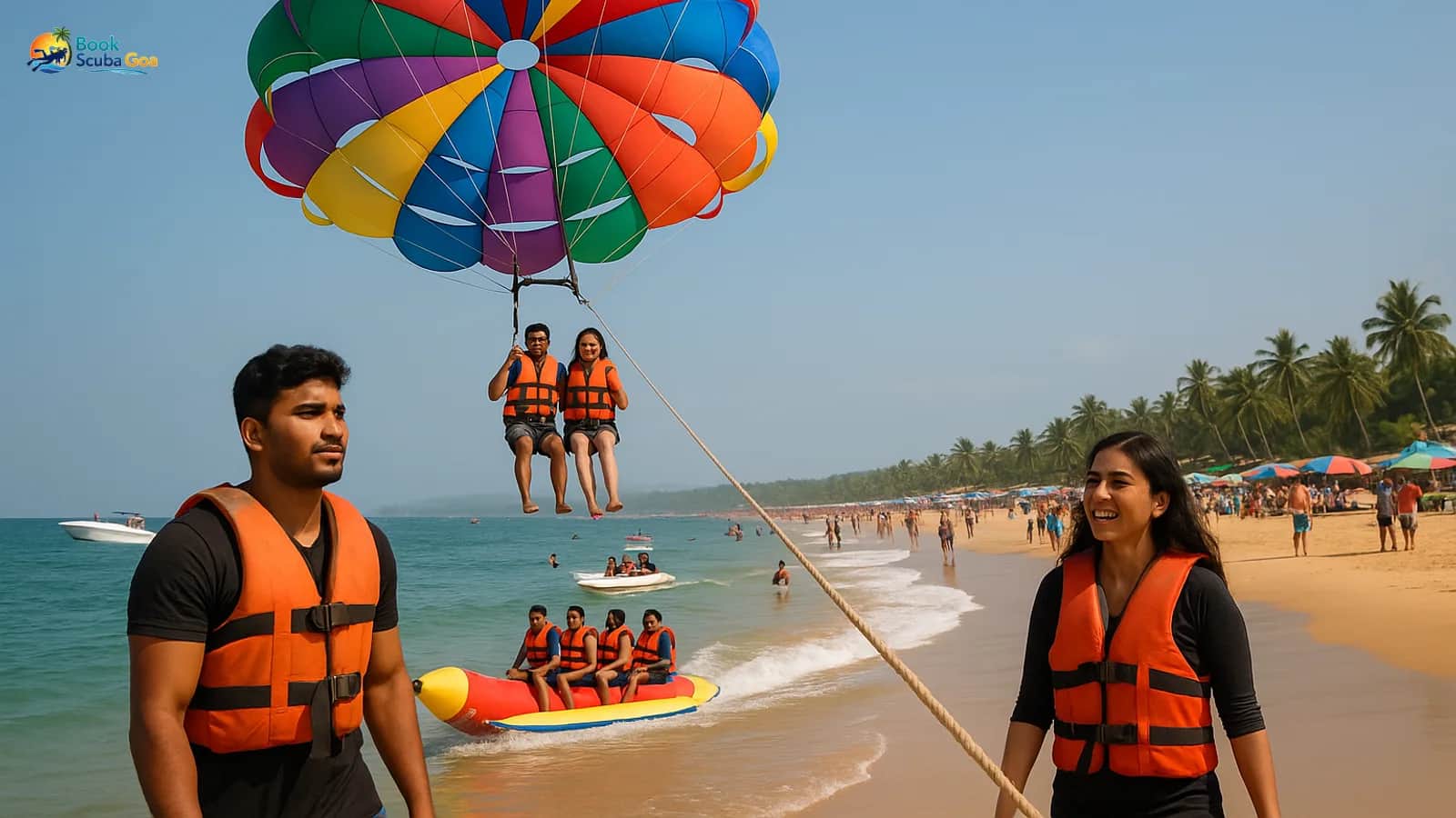 Busy Goa beach with parasail canopy lifting riders above turquoise water