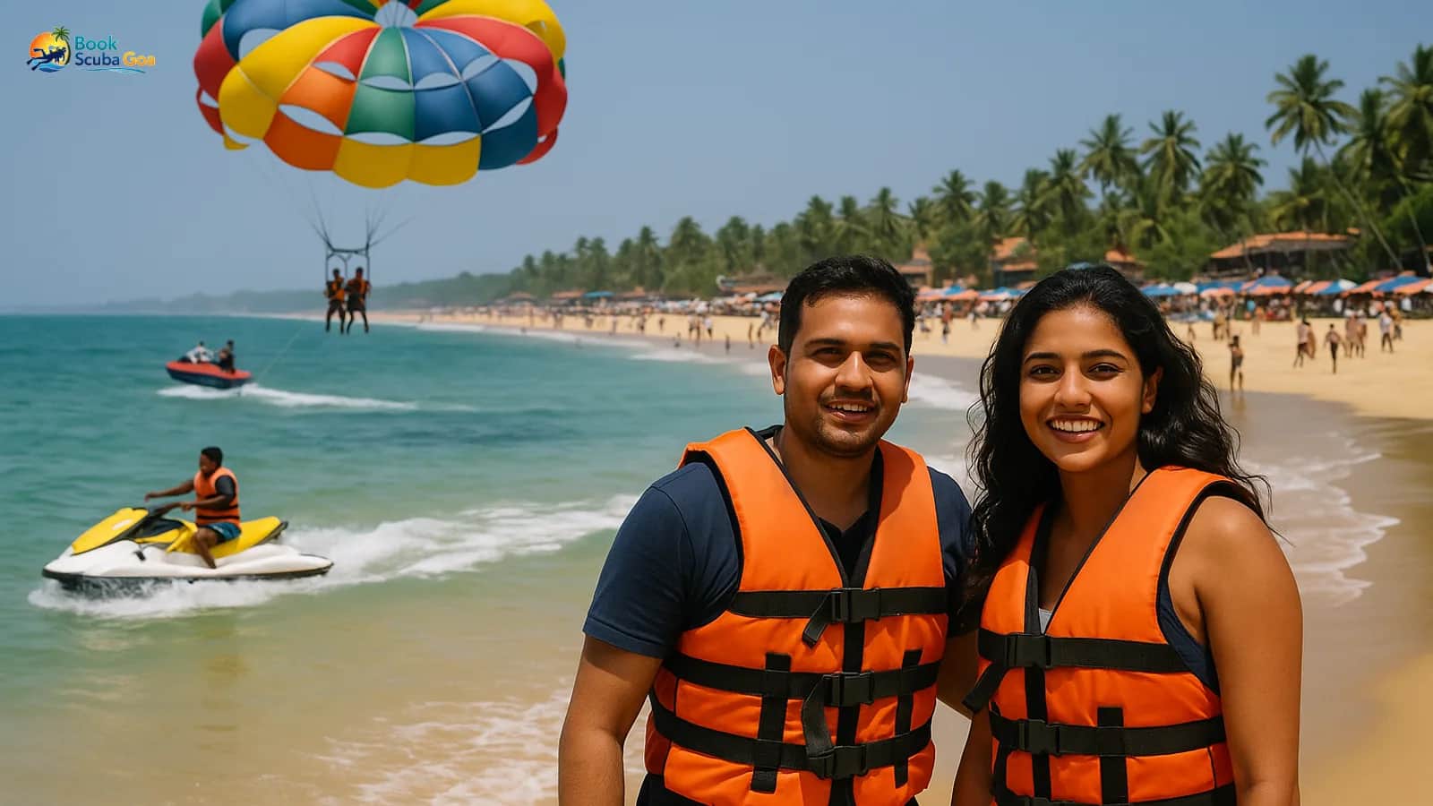 Busy Goa beach with parasail canopy lifting riders above turquoise water