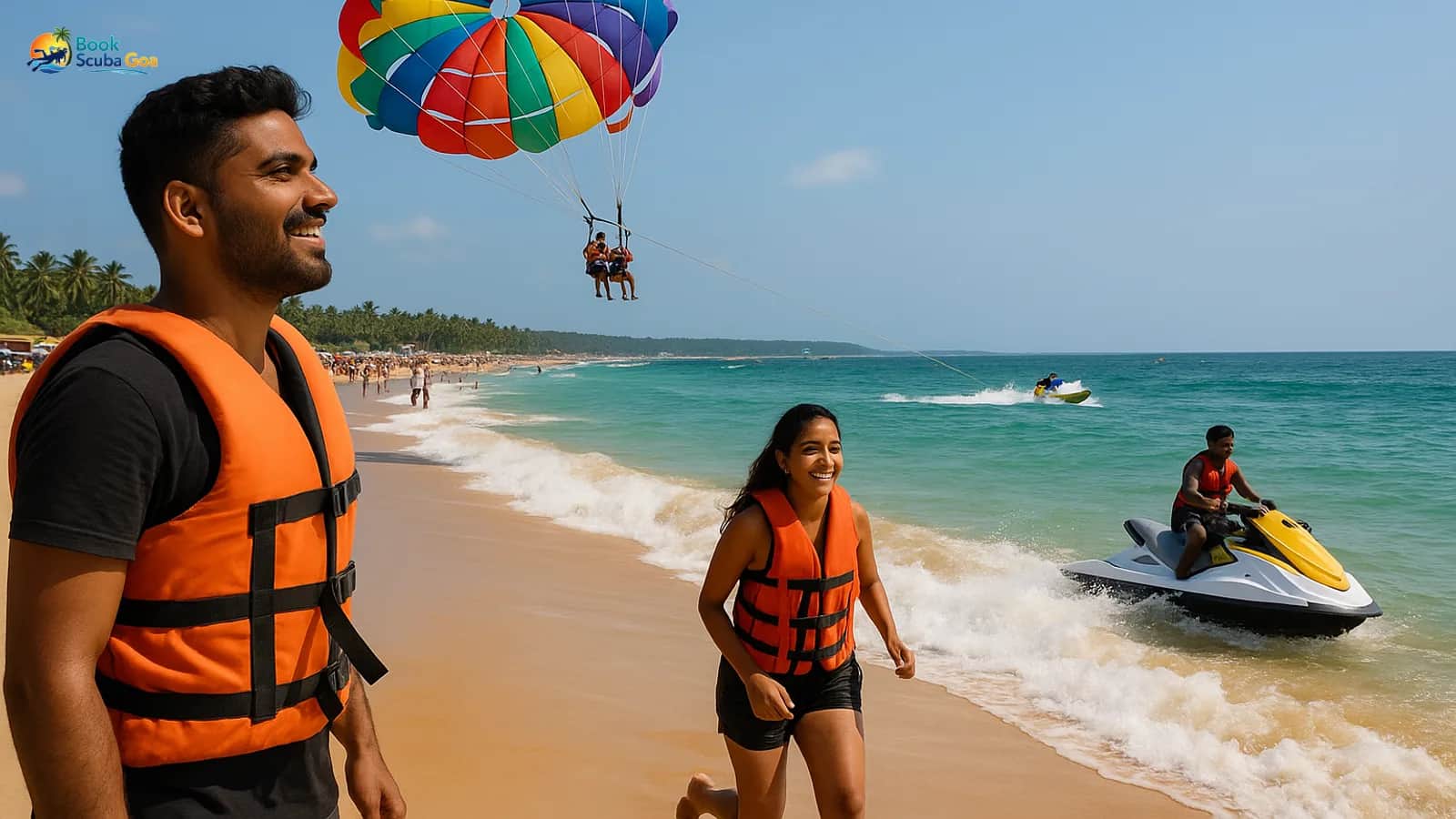 Busy Goa beach with parasail canopy lifting riders above turquoise water