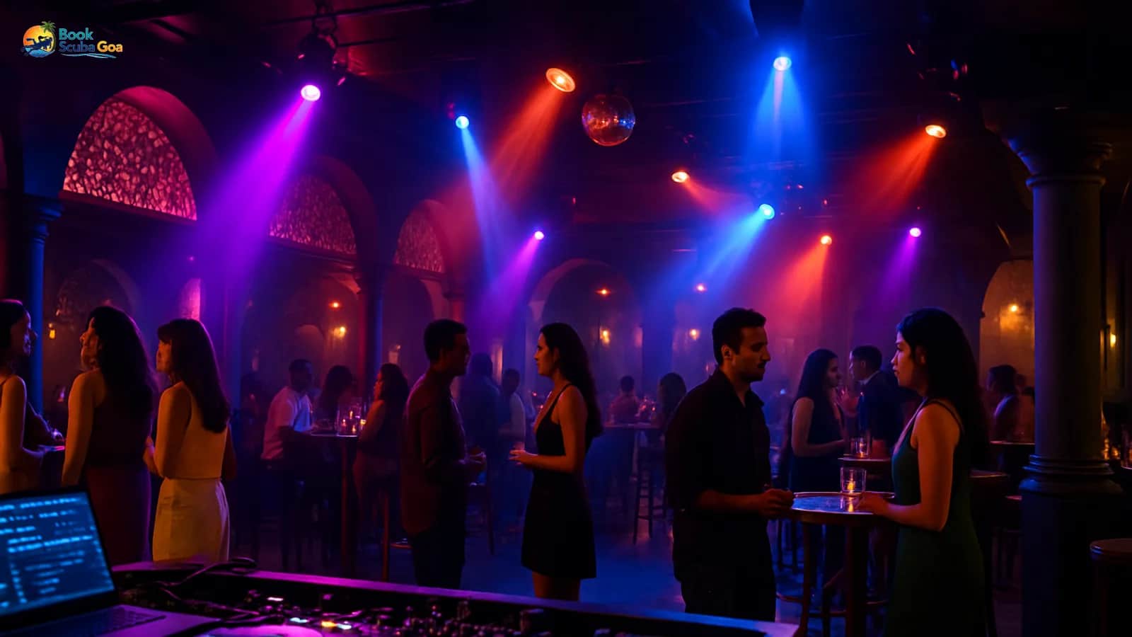 Elegant Goa nightclub interior with DJ console, dance floor and premium lighting