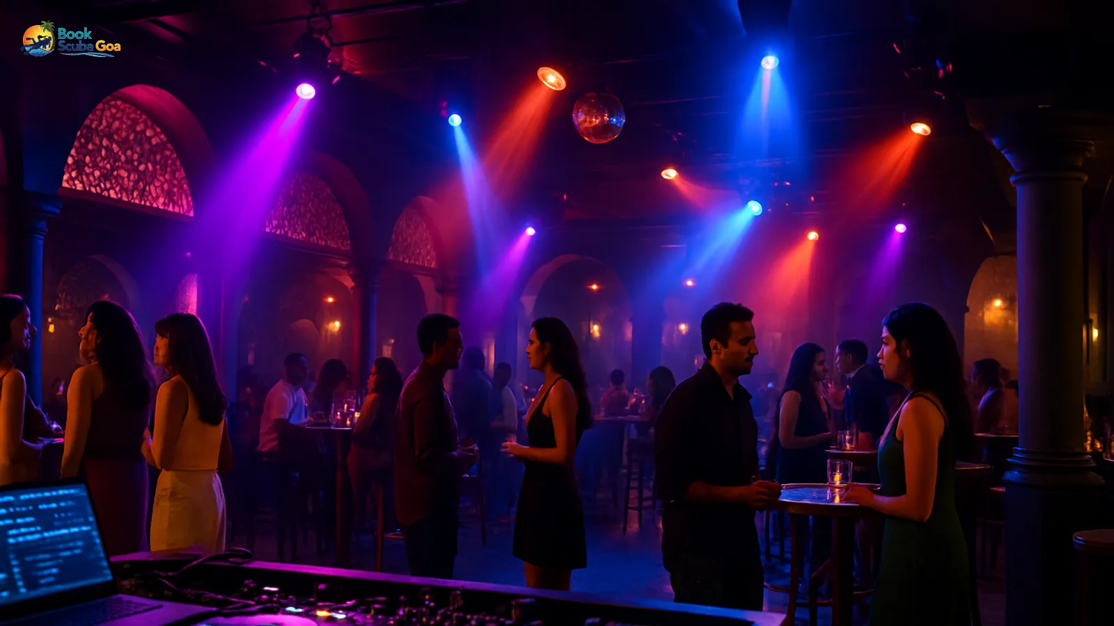 Elegant Goa nightclub interior with DJ console, dance floor and premium lighting