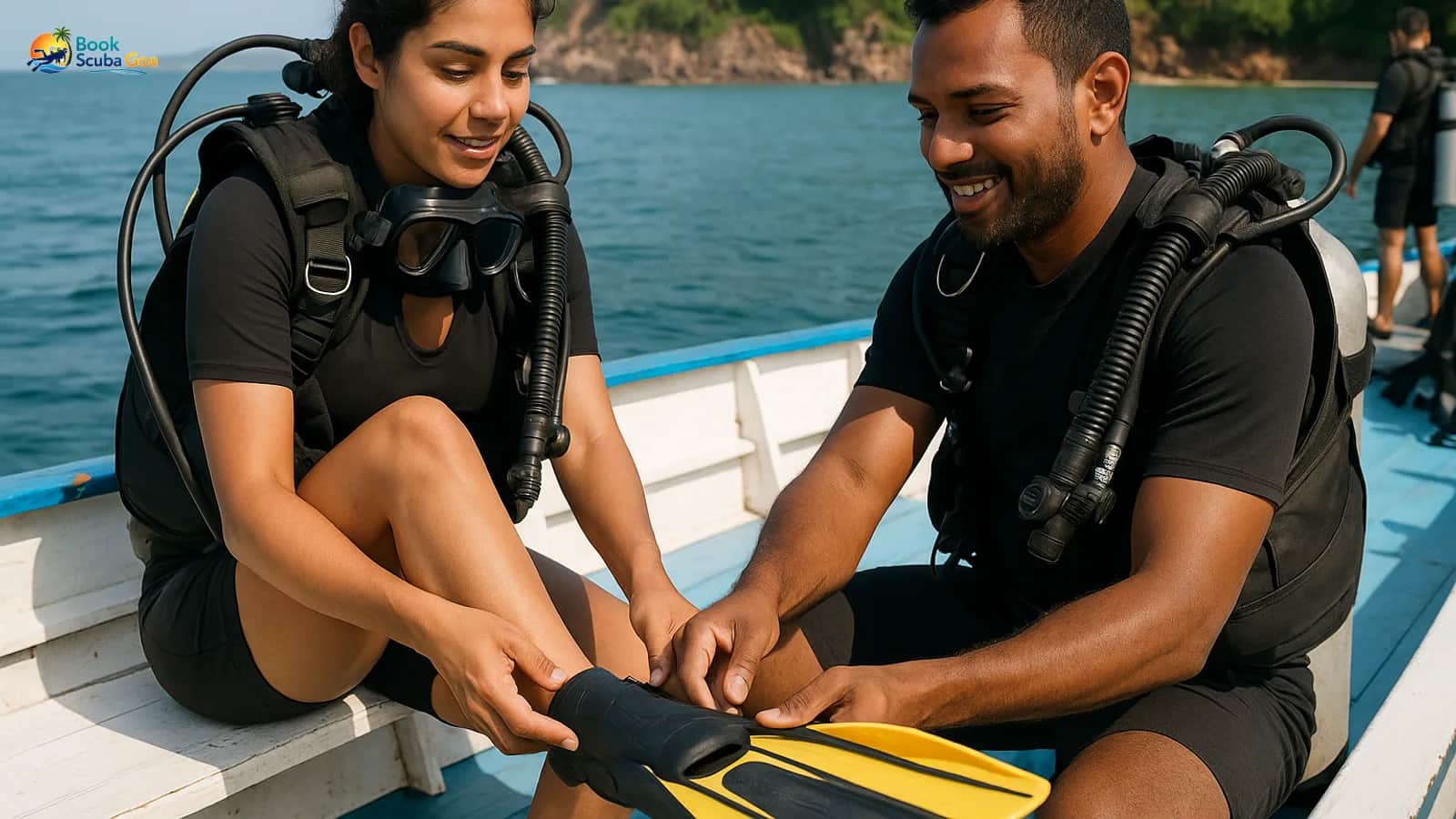 One instructor and one guest preparing fins on a boat deck at a Goa dive area; faces crisp