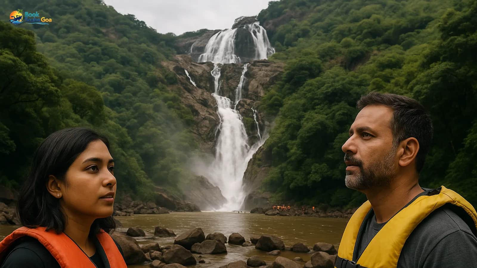 Dudhsagar waterfall cascading through greenery with distant travellers