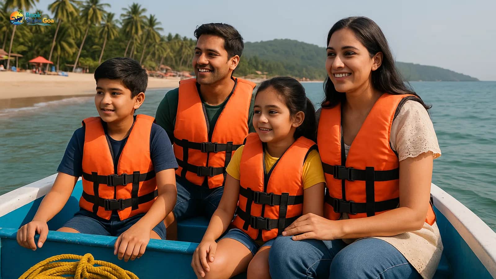 Family enjoying a calm daytime Goa beach walk or gentle boat experience