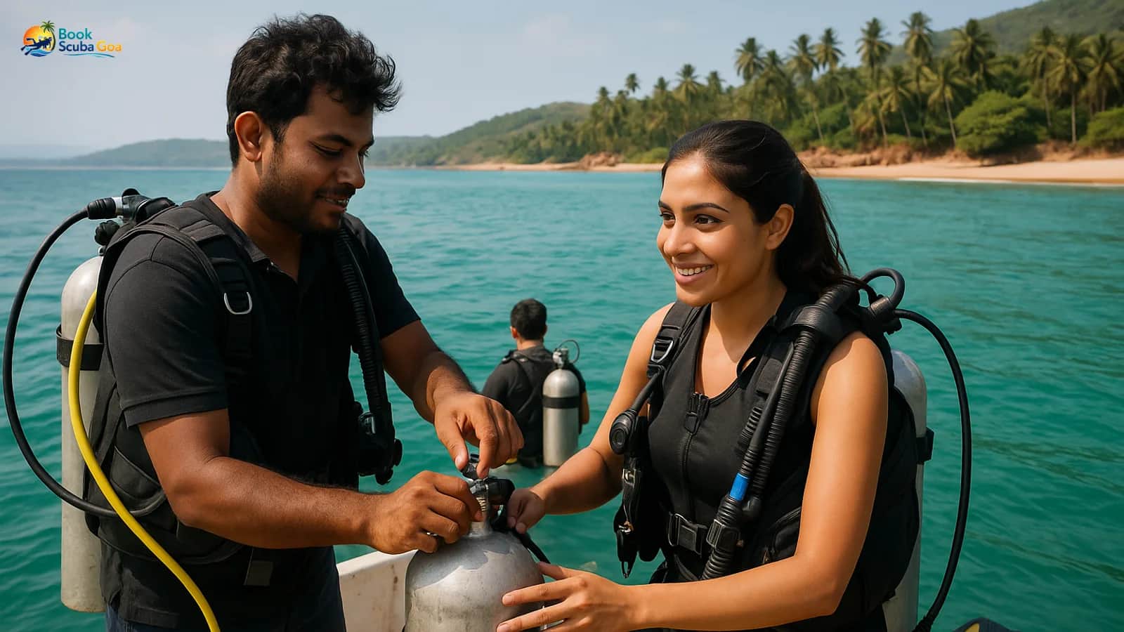 Dive boat on turquoise water with one instructor and one guest preparing tanks — clear natural faces, correct