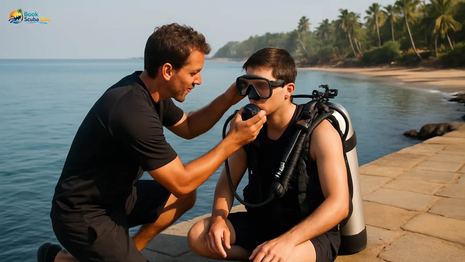 Dive instructor checking a beginner’s mask, regulator and buoyancy vest before entering the water