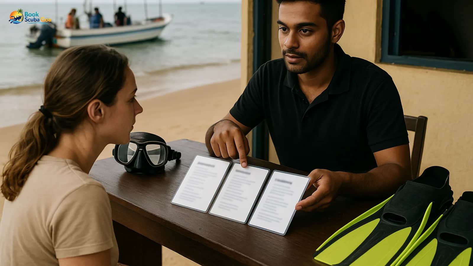 Dive shop booking desk: staff showing a guest three distinct package option cards side-by-side while a dive boat
