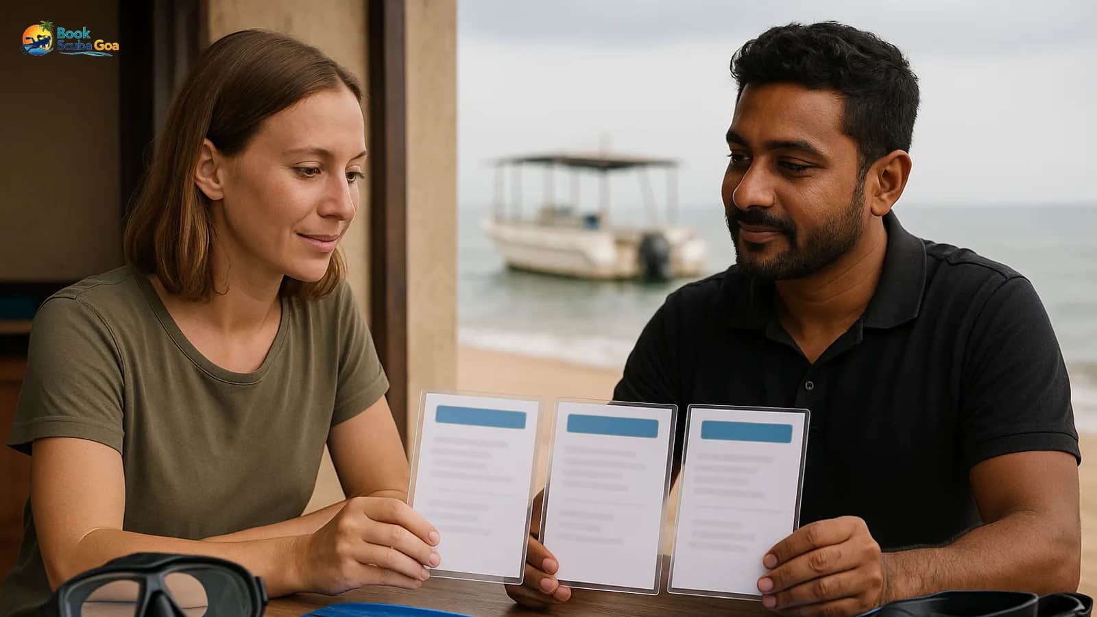 Dive shop booking desk: staff showing a guest three distinct package option cards side-by-side while a dive boat