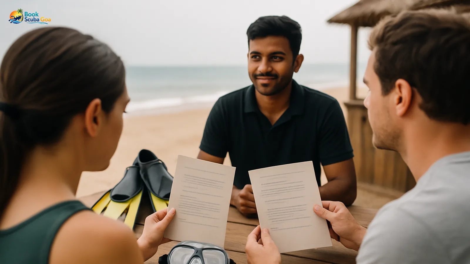 Over-shoulder view of travellers comparing two scuba package folders at a coastal booking counter, with fins and a