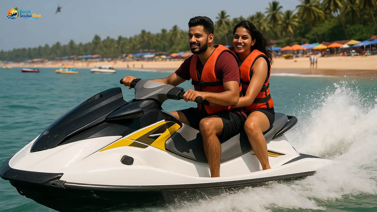 Jet ski cutting across clear coastal water with life jackets visible