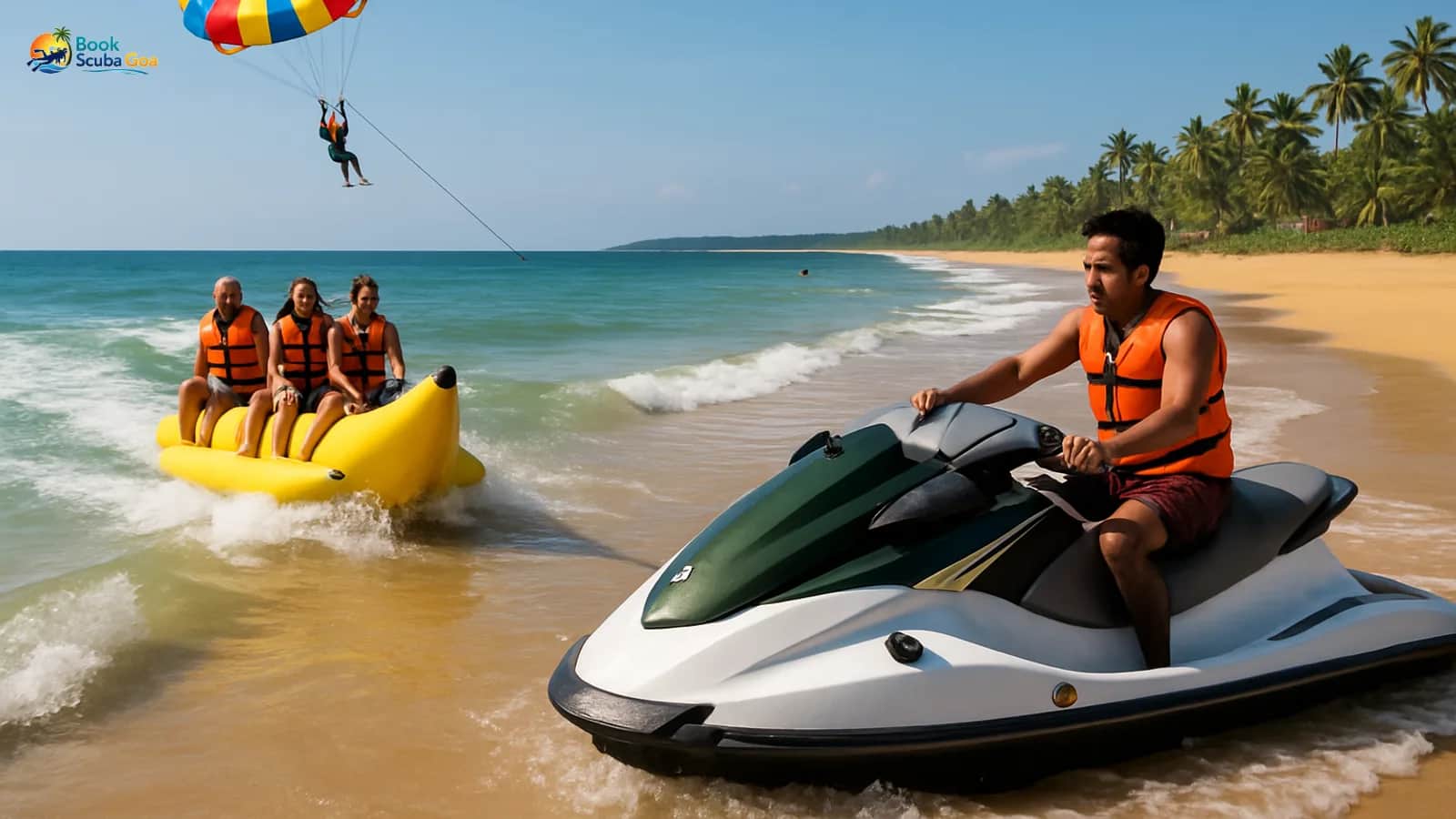 Dynamic Goa beach scene with balanced parasailing, jet ski and banana boat activity