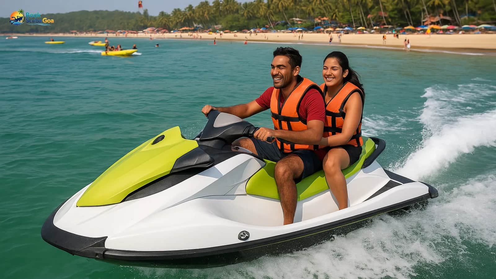 Jet ski cutting across clear coastal water with life jackets visible