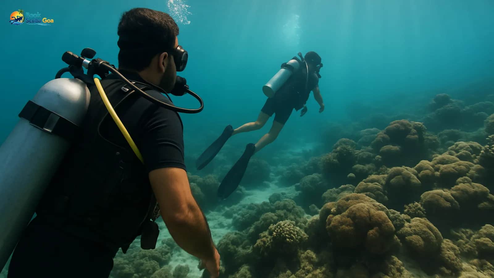 Two divers exploring a reef with natural light, correct gear and realistic proportions