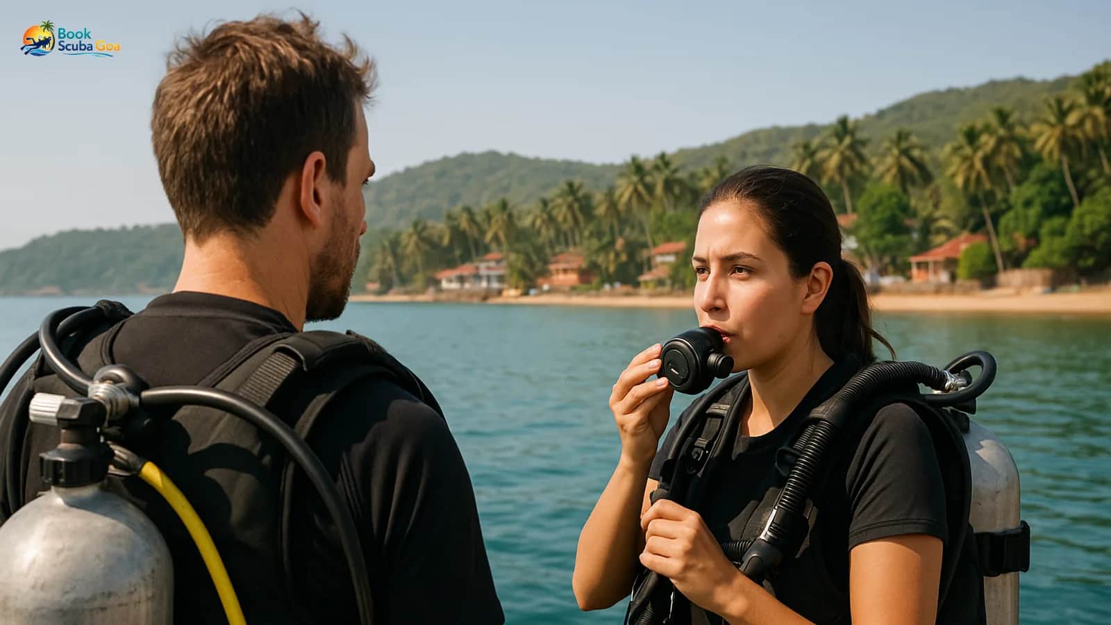 Over-shoulder of one diver looking toward a Goa dive-site shoreline while a second person adjusts a regulator —