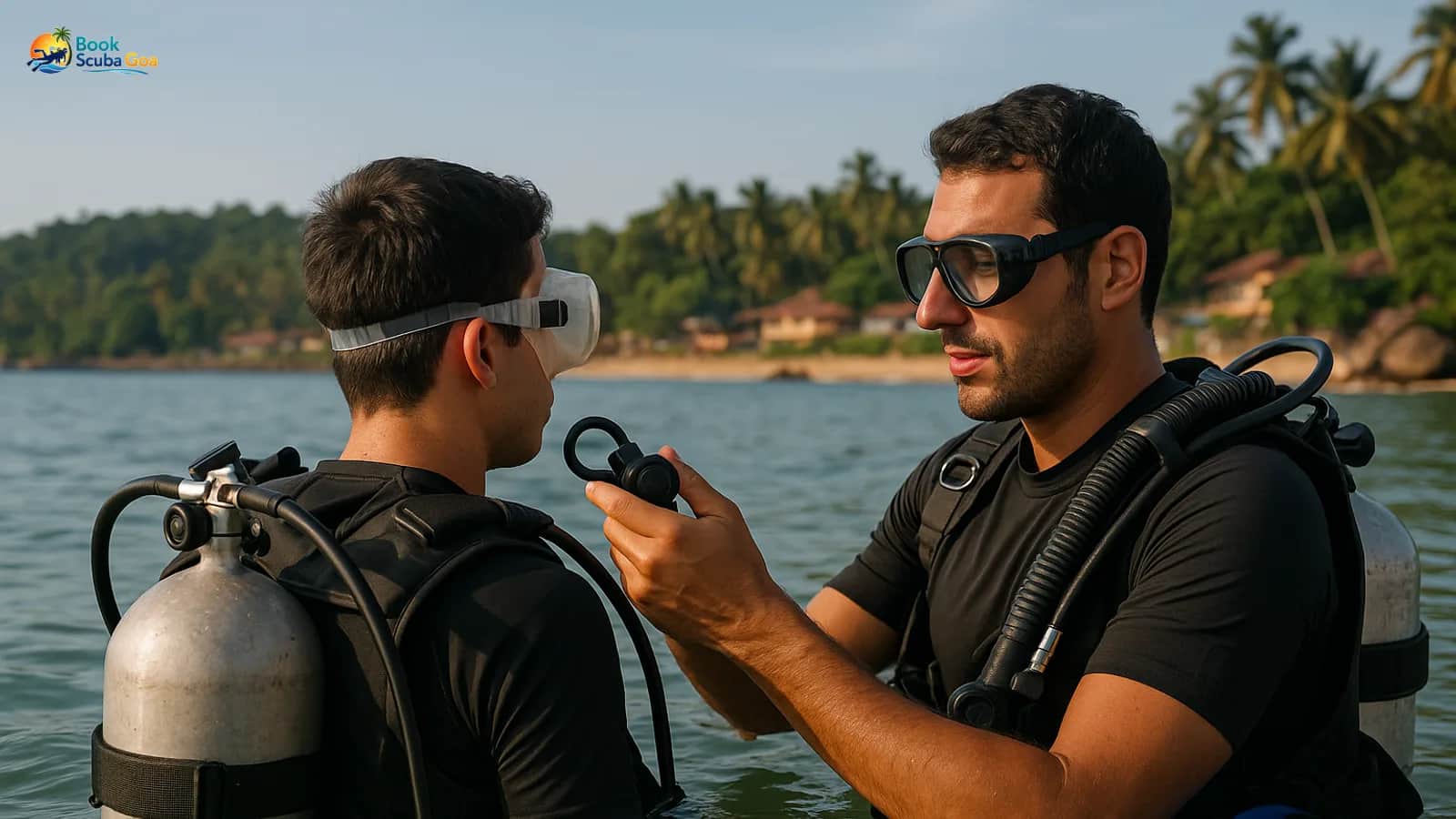 Over-shoulder of one diver looking toward a Goa dive-site shoreline while a second person adjusts a regulator —