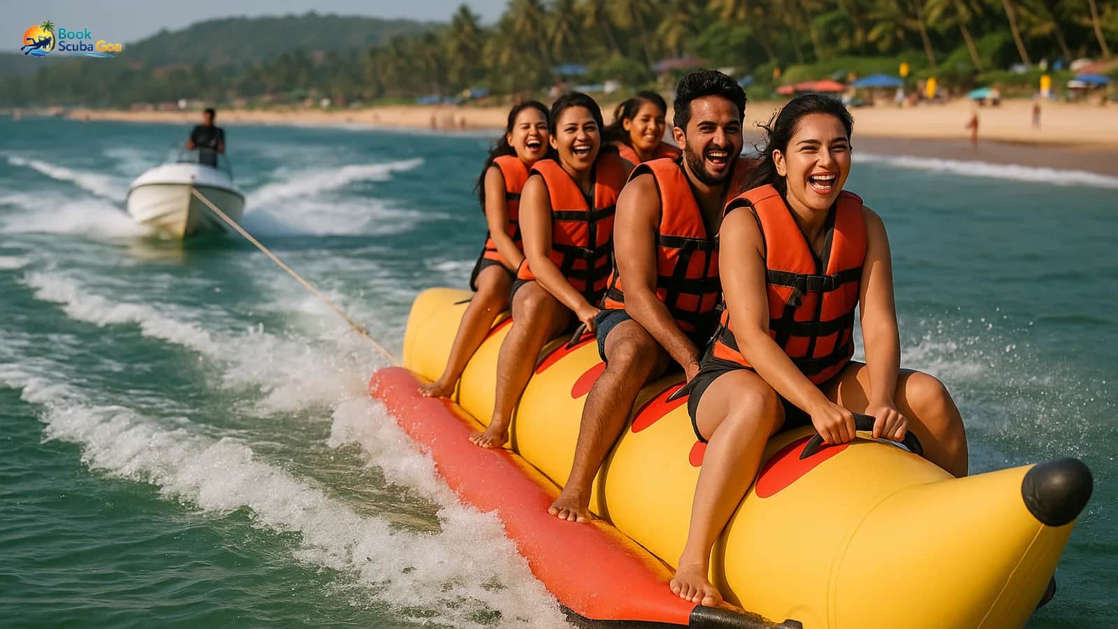 Banana boat full of laughing adults bouncing behind a speedboat near shore